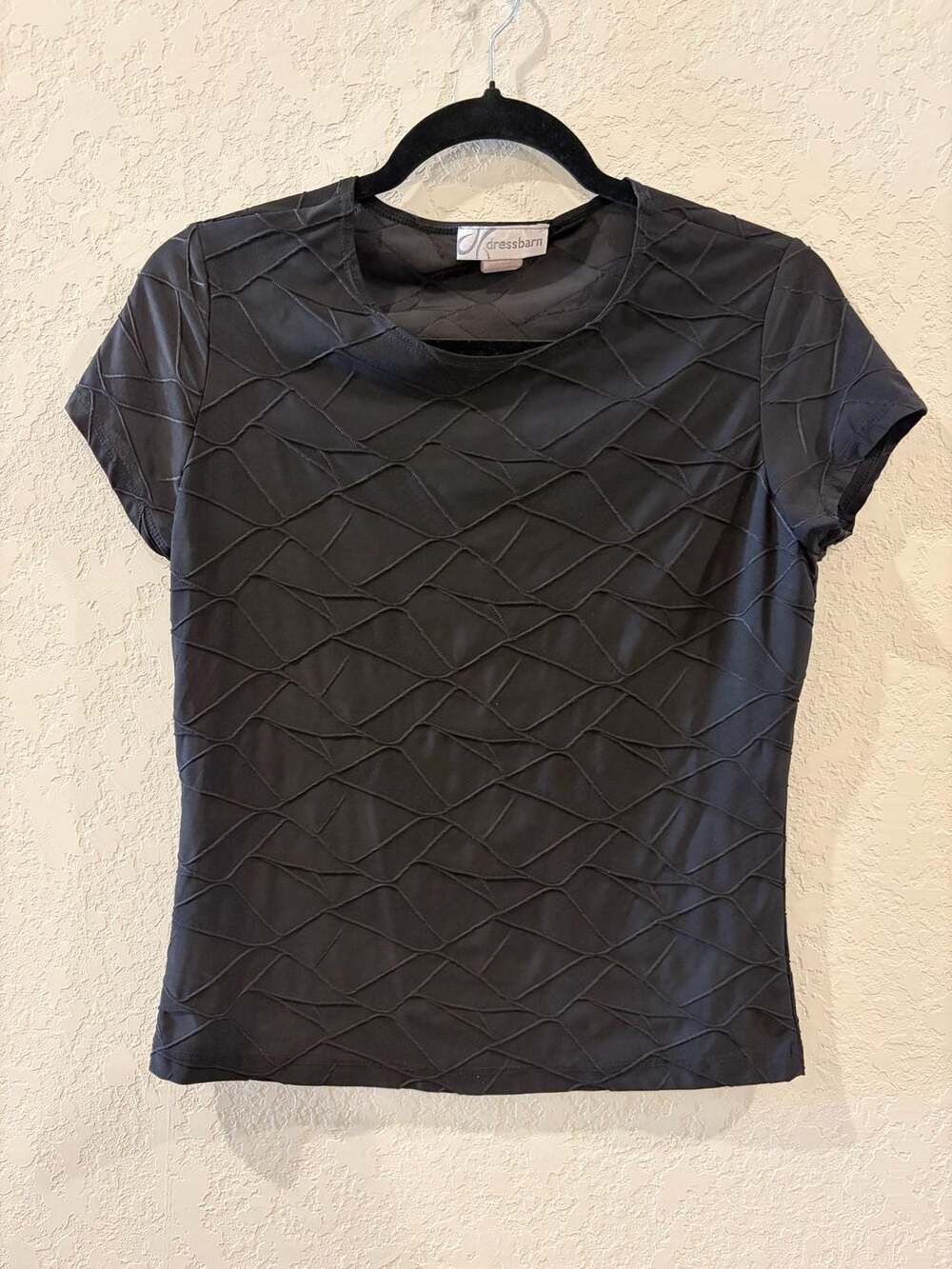 Dressbarn Women's Short Sleeve Black Textured Geometric Pattern Top